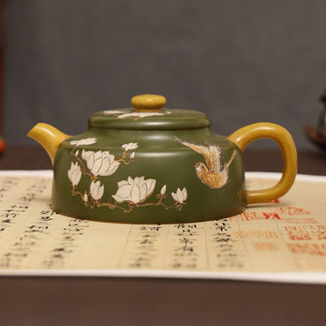Auspicious Bird & Orchid Painting Fully Handmade Duan Clay 'Dezhong' Yixing Teapot