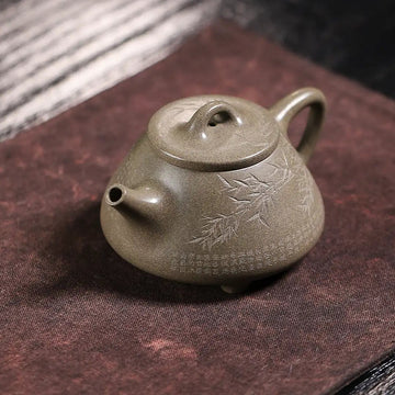 Bamboo & Calligraphy Engraving Fully Handmade Shark Skin Green-Zini Clay 'Zi Ye Shi Piao' Yixing Teapot
