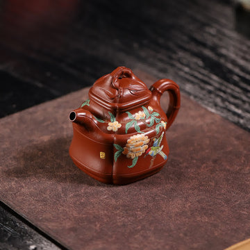 Bamboo-shape Floral & Bird Painting Fully Handmade Zhu Ni 'Bamboo Ding' Yixing Teapot