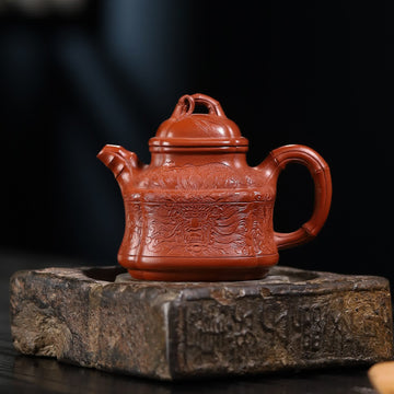 Bamboo shaped Dragon Pattern Carving Fully Handmade Zhu Ni 'Bamboo Ding' Yixing Teapot