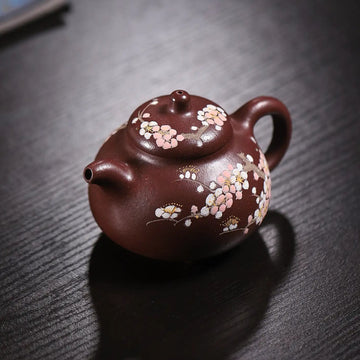 Cherry Blossom Clay-Painting Fully Handmade Red Bean-Purple Clay 'Ru Ding' Yixing Teapot