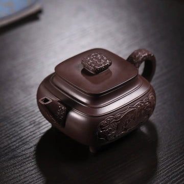 Elephant Carving & Inscription Fully Handmade Aged Purple Clay 'Four-legged Square Chuan Lu' Yixing Teapot
