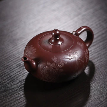 Floral Engraving Fully Handmade Dragon Blood Sand-Zini Clay 'Phoenix Pearl' Yixing Teapot