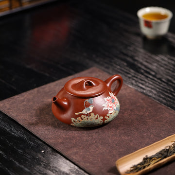 Floral & Bird Painting Fully Handmade Red Clay 'Jingzhou Shi Piao' Yixing Teapot