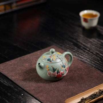 Hand-Painted Peony & Bird Design Handcrafted Ben Shan Lv Ni Clay Yixing Xishi Teapot