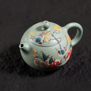 Hand-Painted Peony & Bird Design Handcrafted Ben Shan Lv Ni Clay Yixing Xishi Teapot