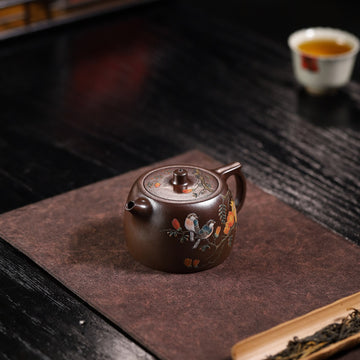 Well Curb Shape & Hand-Painted Peony & Bird Design Handcrafted TianQing Clay Wood-Fired Yixing Teapot