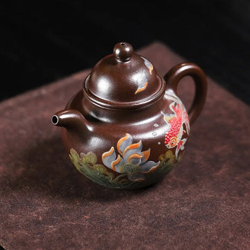 Lotus & Goldfish Painting Fully Handmade Tianqing-Purple Clay 'Cluster Ball' Yixing Teapot