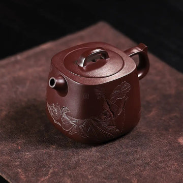 Lotus & Leaf Carving Fully Handmade Dragon Blood-Purple Clay 'Mixed Square Well Curb' Yixing Teapot