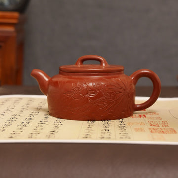 Lotus & Leaf Carving Fully Handmade Zhu Ni 'Flat-lid Hanwa' Yixing Teapot