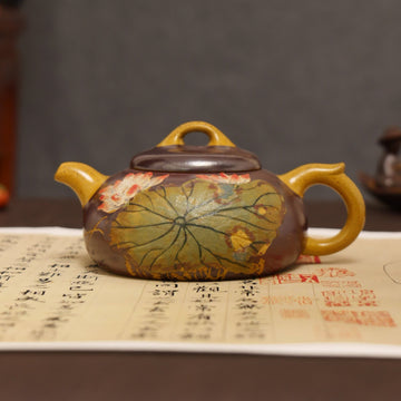 Lotus & Leaf Powder-Decoration Fully Handmade Duan Clay 'Half-Moon' Yixing Teapot