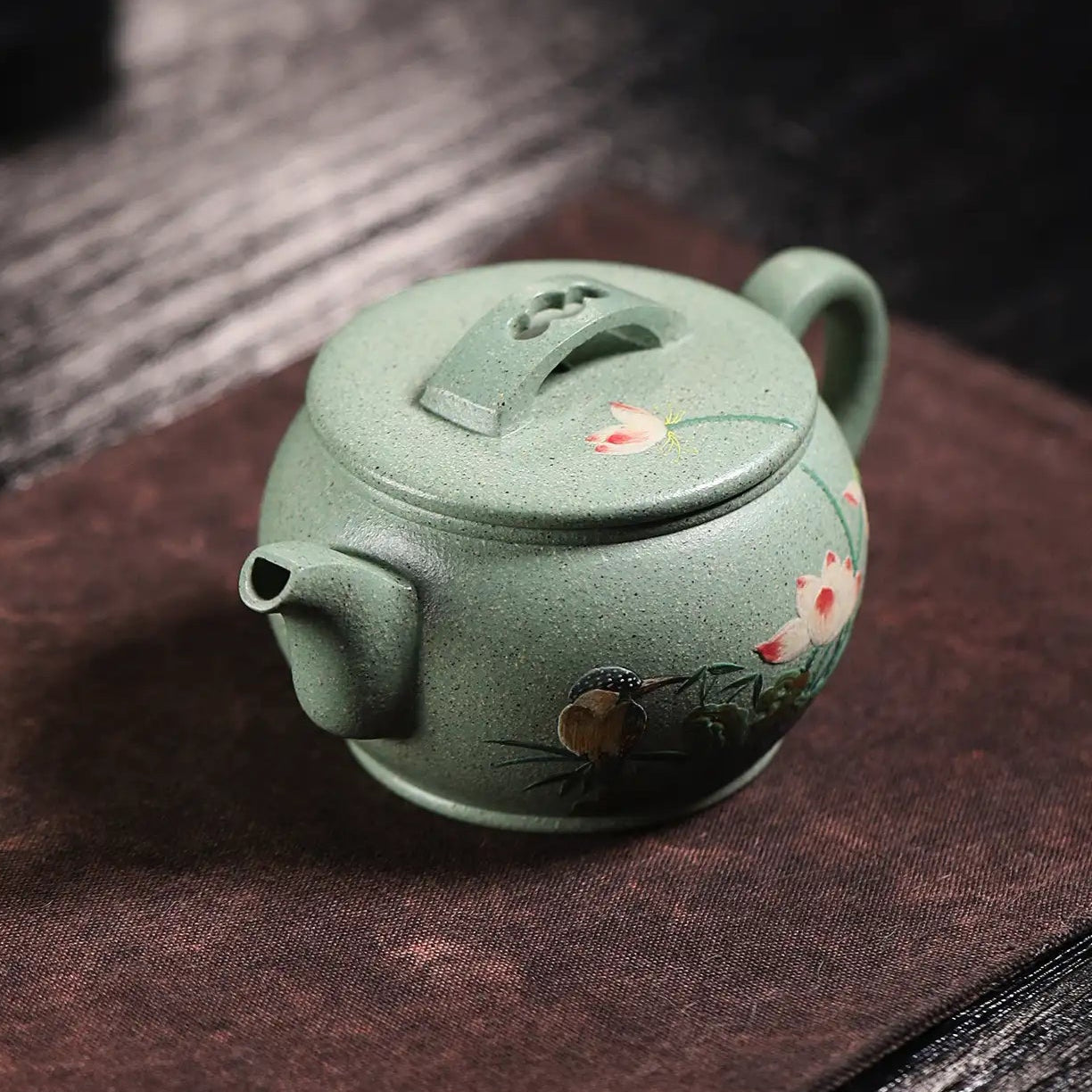 Magpie & Lotus Painting Fully Handmade Jade Sand-Green Clay 'Han