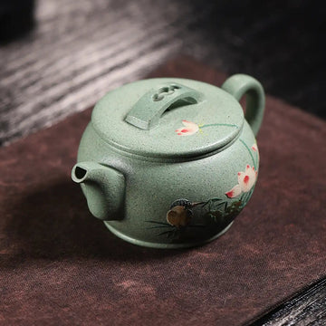Magpie & Lotus Painting Fully Handmade Jade Sand-Green Clay 'Han Wa' Yixing Teapot