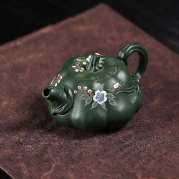 Magpie on Plum Blossom Painting Fully Handmade Aged Green Clay Pumpkin-shaped Yixing Teapot