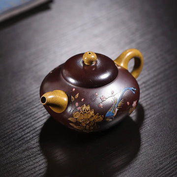 Magpie on Plum Blossom Powder-Decorated Fully Handmade Golden Duan Clay 'Short Pear' Yixing Teapot
