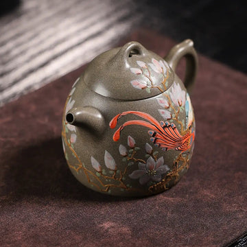 Magpie on Plum Branch Clay-Painting Fully Handmade Sharkskin Green Clay 'Qin Quan' Yixing Teapot