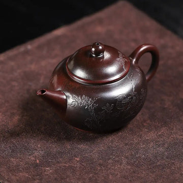 Magpie on Plum Branch Engraving Fully Handmade Purple Gold Sand 'Shui Ping' Yixing Teapot