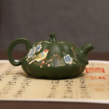 Magpie on Plum Blossom Painting Fully Handmade Aged Green Clay Pumpkin-shaped Yixing Teapot
