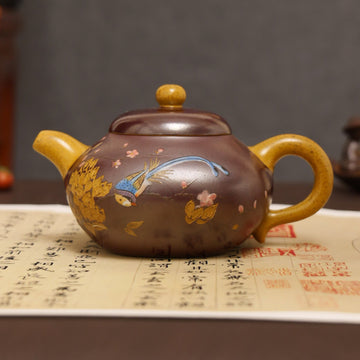 Magpie on Plum Blossom Powder-Decorated Fully Handmade Golden Duan Clay 'Short Pear' Yixing Teapot