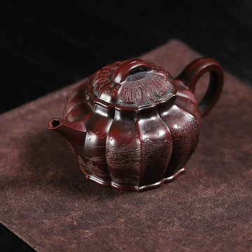 Mountain Stream Journey Carving Fully Handmade Zijinsha-Purple Clay Ribbed Yixing Teapot