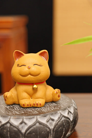 cute yellow kitten handmade pottery figurine decor (tea pet) made by yixing purple clay