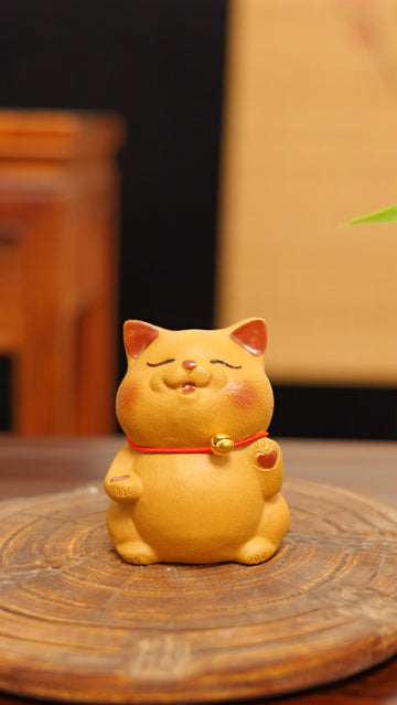 cute yellow kitten handmade pottery figurine decor (tea pet) made in yixing purple clay