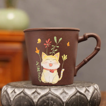 Yixing Zisha Handcrafted Zisha Cat Teacup with Bamboo Handle