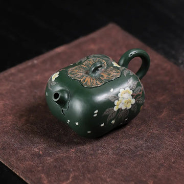 Pear Blossom Painting Fully Handmade Aged Green Clay 'Persimmon Auspiciousness' Yixing Teapot