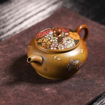 Peony & Butterfly Painting Fully Handmade Golden Duan Clay Yixing Teapot