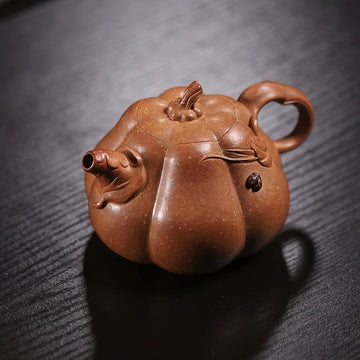 Pumpkin Ribbed Pattern Fully Handmade Flocculent Golden Duan Clay Yixing Teapot