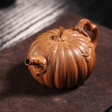 Pumpkin Ribbed Pattern Fully Handmade Flocculent Golden Duan Clay Yixing Teapot