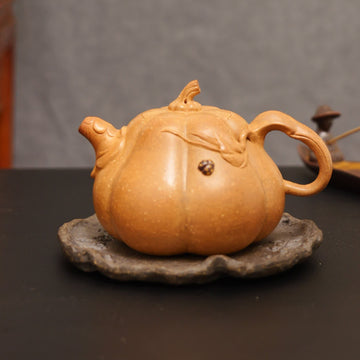 Pumpkin Ribbed Pattern Fully Handmade Flocculent Golden Duan Clay Yixing Teapot