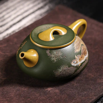 Squirrel Painting & Philosophical Inscription Fully Handmade Duan Clay 'Jingzhou Shi Piao' Yixing Teapot
