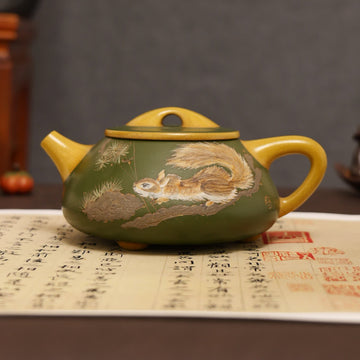 Squirrel Painting & Philosophical Inscription Fully Handmade Duan Clay 'Jingzhou Shi Piao' Yixing Teapot