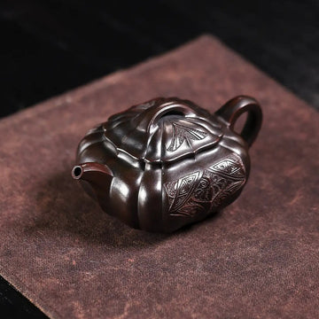 Totem Carving Fully Handmade Zijinsha-Purple Clay 'Ribbed Square' Yixing Teapot