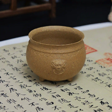 Yixing Zisha Handmade Creamy Yellow Three-Legged Lion-Ear Incense Burner Teacup