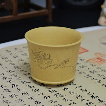 Yixing Zisha Handmade "Harmony is Precious" Lotus & Bird Teacup