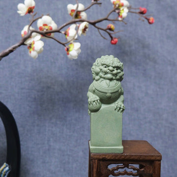 Yixing Zisha Light Green Handmade Lion with Ball Tea Pet (Auspicious Guardian Style)