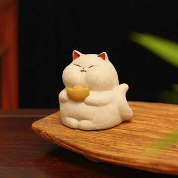 Lucky White Cat Tea Pet Holding Gold Ingot