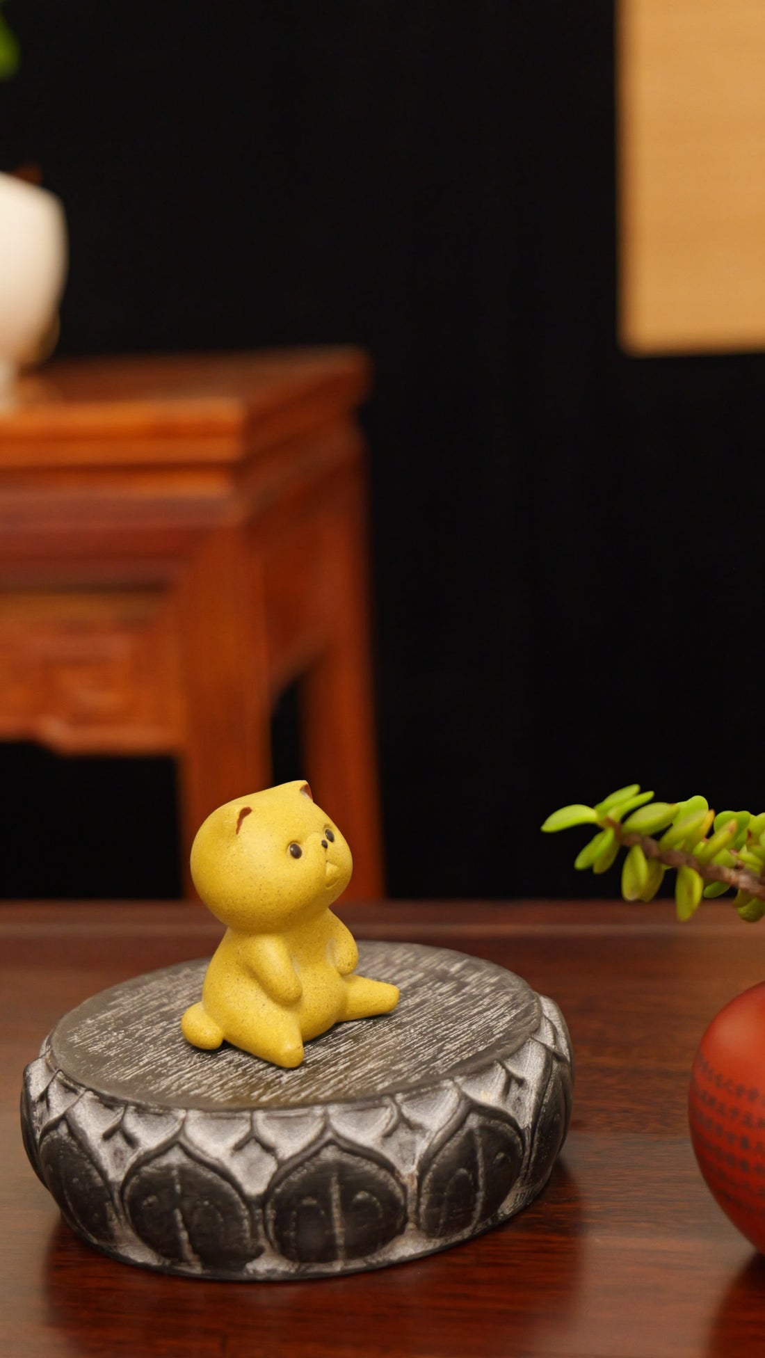 A Spaced-Out Yellow Kitten handmade pottery figurine decor (tea pet) made by yixing purple clay