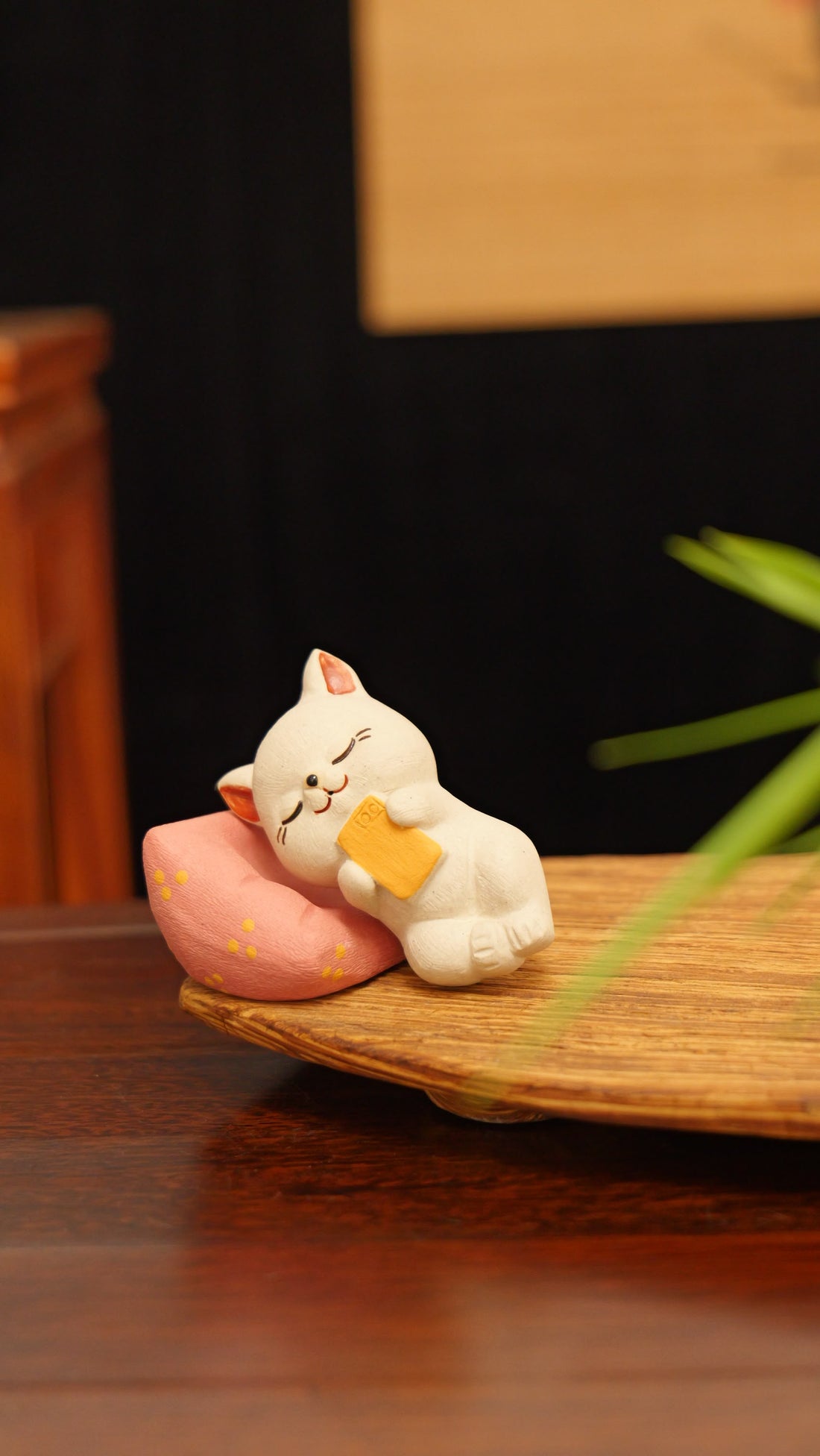 A cat dreaming of striking it rich handmade pottery figurine decor (tea pet) made by yixing purple clay