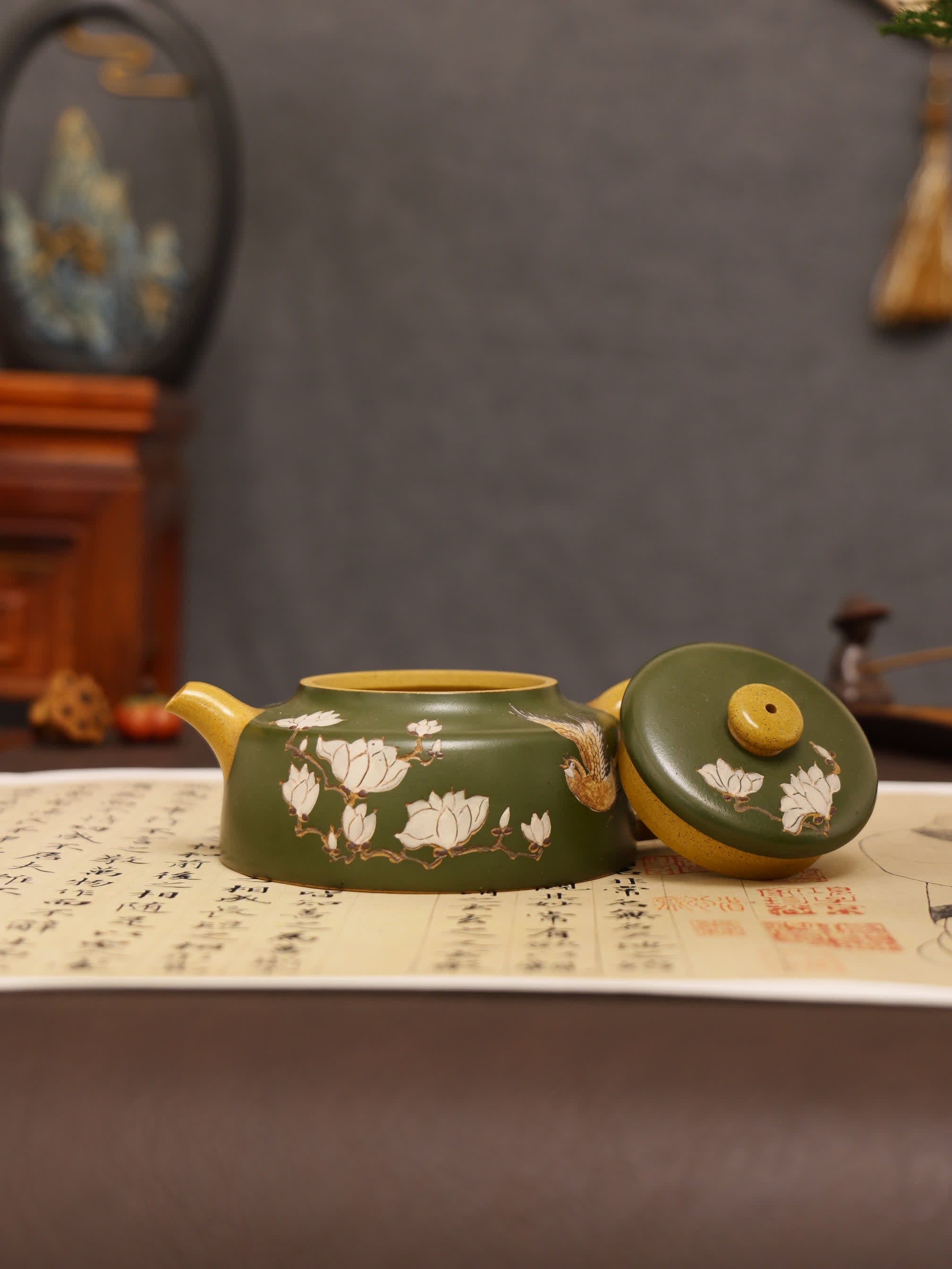 Auspicious Bird & Orchid Painting Fully Handmade Duan Clay 'Dezhong' Yixing Teapot