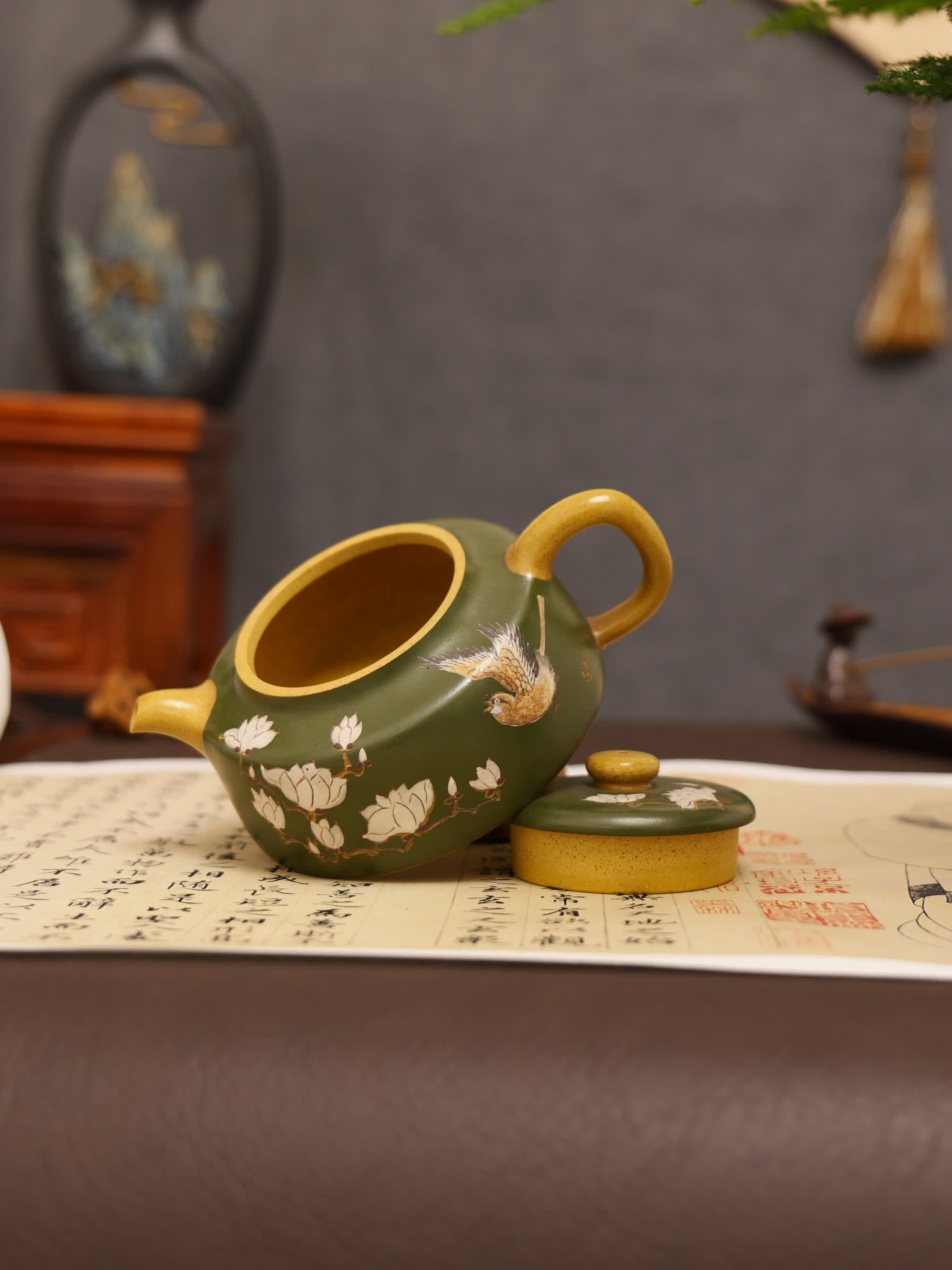 Auspicious Bird & Orchid Painting Fully Handmade Duan Clay 'Dezhong' Yixing Teapot