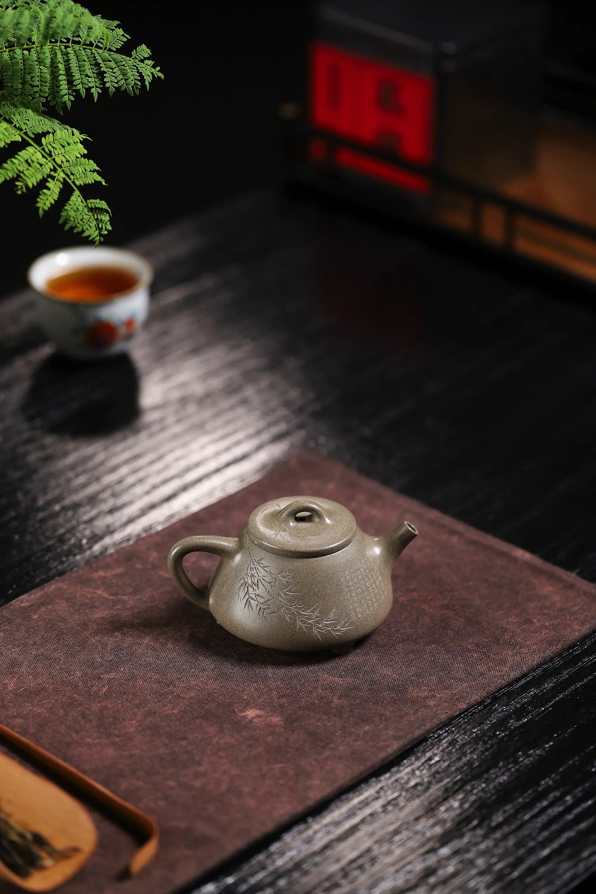 Bamboo & Calligraphy Engraving Fully Handmade Shark Skin Green-Zini Clay 'Zi Ye Shi Piao' Yixing Teapot