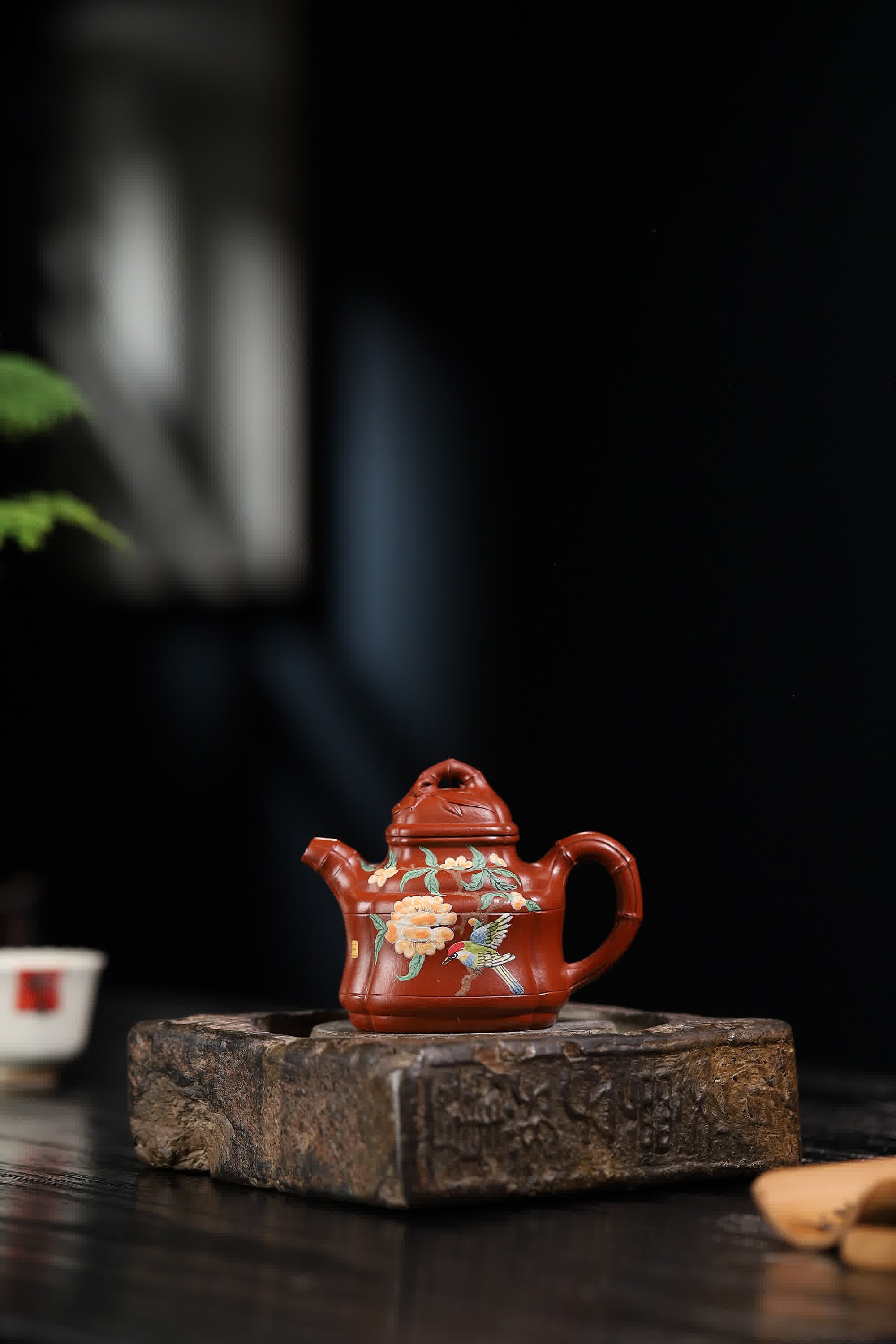 Bamboo-shape Floral & Bird Painting Fully Handmade Zhu Ni 'Bamboo Ding' Yixing Teapot