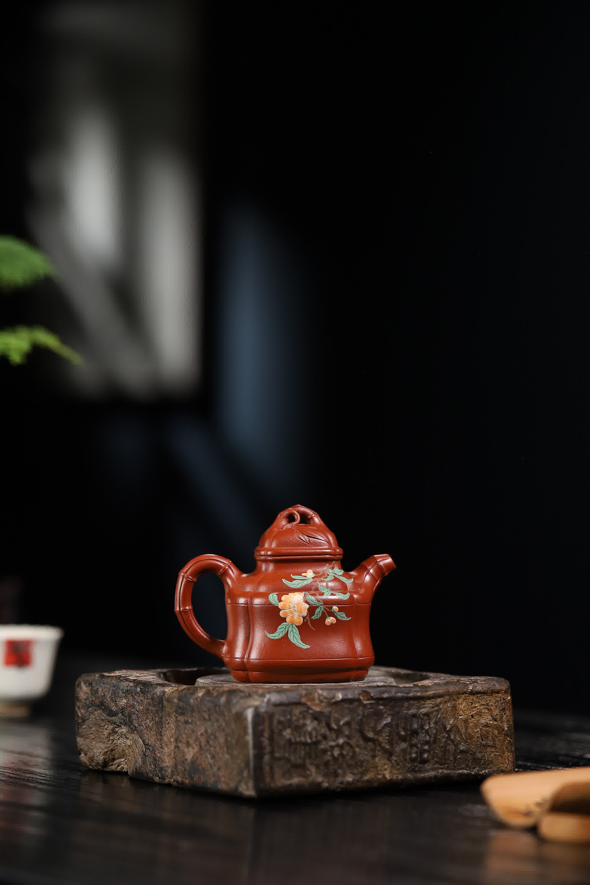 Bamboo-shape Floral & Bird Painting Fully Handmade Zhu Ni 'Bamboo Ding' Yixing Teapot