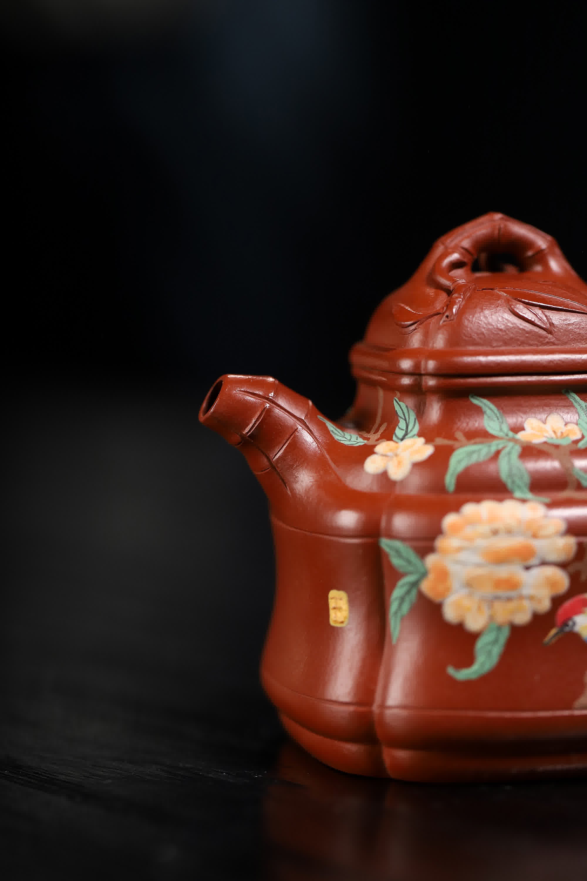 Bamboo-shape Floral & Bird Painting Fully Handmade Zhu Ni 'Bamboo Ding' Yixing Teapot