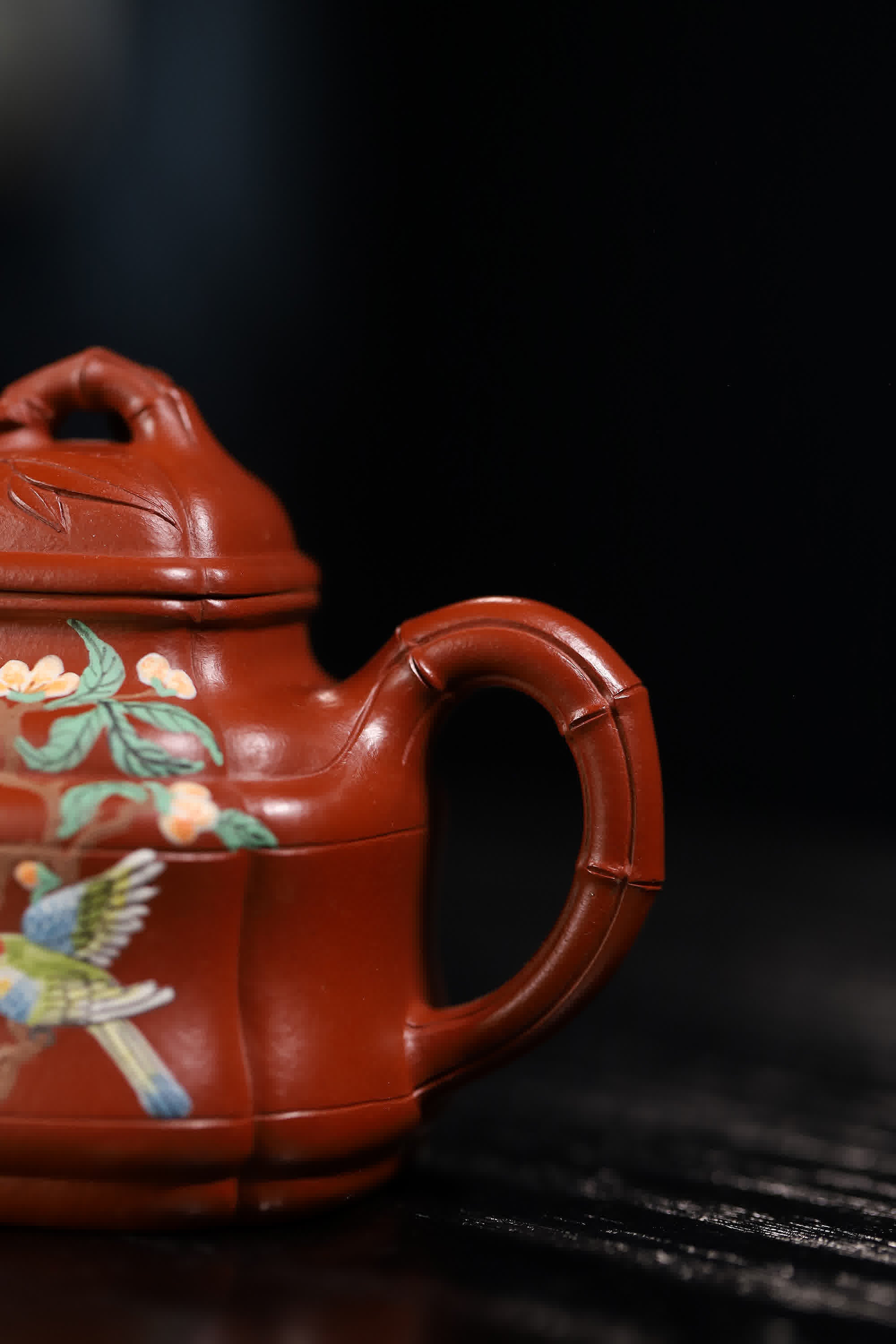 Bamboo-shape Floral & Bird Painting Fully Handmade Zhu Ni 'Bamboo Ding' Yixing Teapot