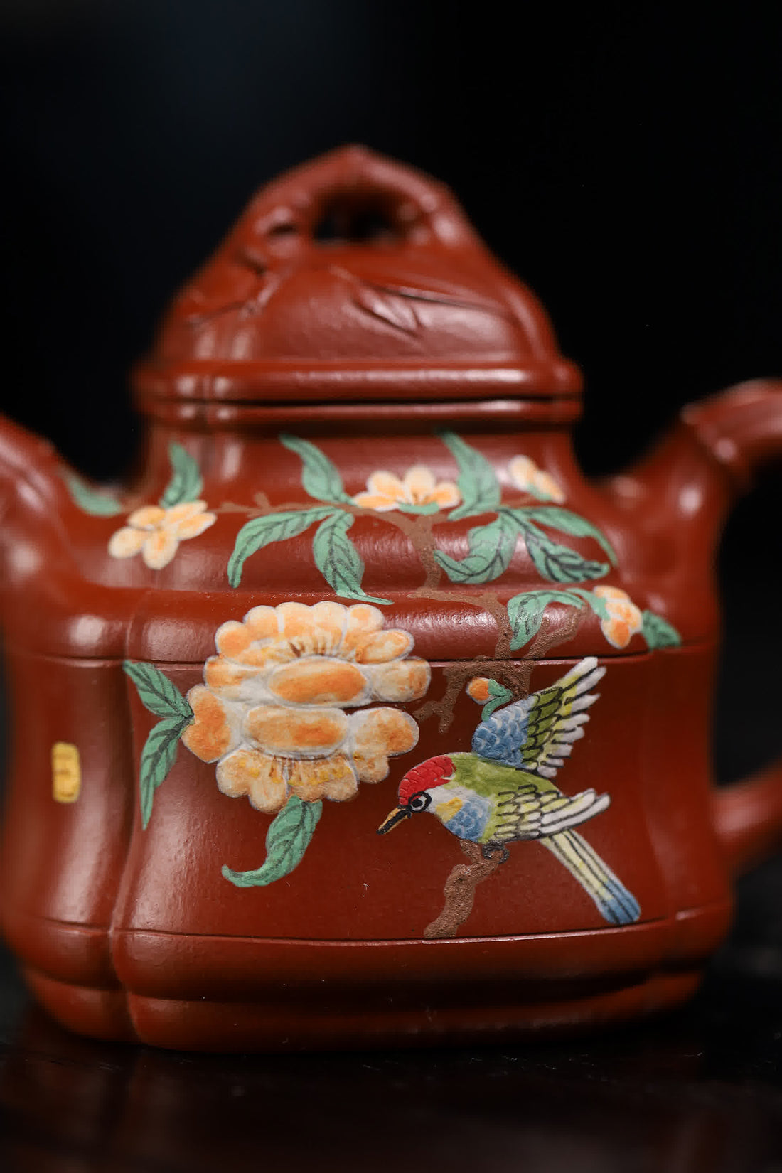 Bamboo-shape Floral & Bird Painting Fully Handmade Zhu Ni 'Bamboo Ding' Yixing Teapot