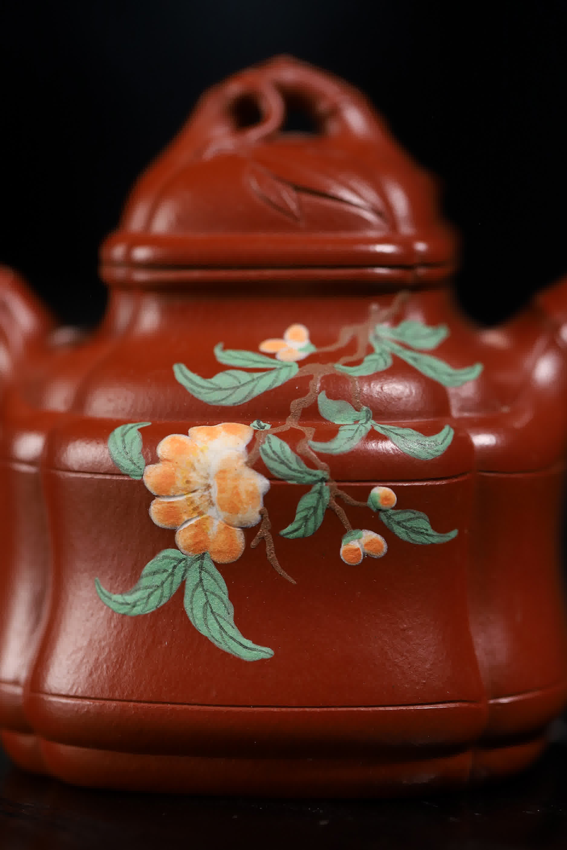 Bamboo-shape Floral & Bird Painting Fully Handmade Zhu Ni 'Bamboo Ding' Yixing Teapot